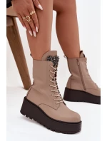 Skórzane Botki Damskie Z Ozdobą Ocieplane Beżowe Ulrika