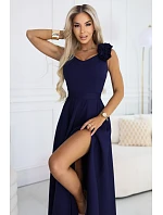 643-4 Elegantné večerné maxi šaty s rozparkom a ružami - tmavomodré 643-4 Elegantné večerné maxi šaty s rozparkom a ružami - tmavomodré