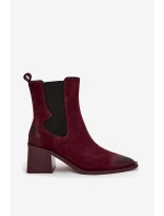Skórzane Zamszowe Botki Damskie Na Słupku Ocieplane Artiker 57C0048 Bordowe