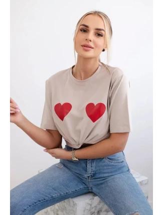Bavlnená blúzka s potlačou srdca béžová