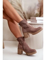 Botki Damskie Na Słupku Zapinane Na Zamek Eko Zamszowe Brązowe Rashmi