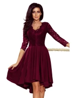 NICOLLE - Dámske šaty vo slivkovej farbe s dlhším zadným dielom a krajkovým výstrihom 210-13