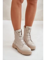 Ocieplane Botki Workery Damskie Na Zamek Eko Skórzane Jasnobeżowe Mailyra