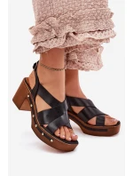 Skórzane Sandały Na Słupku Zazoo 1081 Czarne