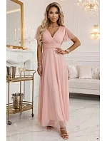 635-7 MELANIA Dlhé trblietavé svadobné šaty s krátkymi rukávmi a výstrihom - broskyňové 635-7 MELANIA Dlhé trblietavé svadobné šaty s krátkymi rukávmi a výstrihom - broskyňové