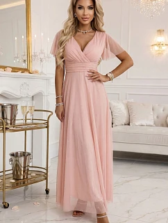 635-7 MELANIA Dlhé trblietavé svadobné šaty s krátkymi rukávmi a výstrihom - broskyňové