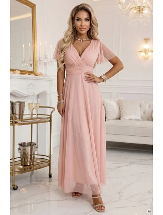 635-7 MELANIA Dlhé trblietavé svadobné šaty s krátkymi rukávmi a výstrihom - broskyňové 635-7 MELANIA Dlhé trblietavé svadobné šaty s krátkymi rukávmi a výstrihom - broskyňové