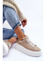 Damskie Buty Sportowe Skórzane na Platformie Beżowe Lemar 10150