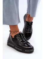 Sznurowane Półbuty Damskie Na Platformie Skóra Naturalna S.Barski LR620 Czarne