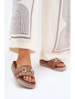 Klapki Damskie Na Platformie Ze Złotą Ozdobą I Brokatem Khaki Morisela