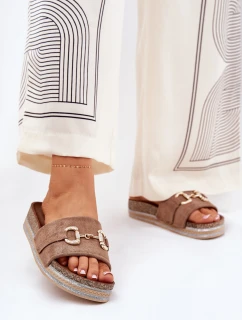 Klapki Damskie Na Platformie Ze Złotą Ozdobą I Brokatem Khaki Morisela