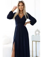 572-1 Dlhé trblietavé šaty NELA s výstrihom a dlhými rukávmi - ZELENÉ