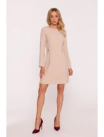 S419 Šaty s ozdobnými gombíkmi v páse - béžové