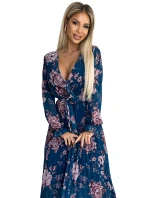 519-3 Plisované šifónové dlhé šaty s výstrihom, dlhými rukávmi a opaskom - MODRÉ s kvetmi 519-3 Plisované šifónové dlhé šaty s výstrihom, dlhými rukávmi a opaskom - MODRÉ s kvetmi