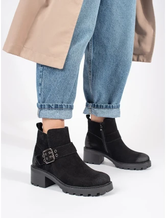 Jedinečné dámske čierne členkové topánky na širokom podpätku