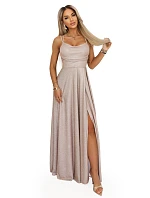 589-4 Dlhé šaty s jemnými trblietkami a korzetovým viazaním vzadu - béžovo-ružové s trblietkami