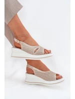 Skórzane Sandały Damskie Na Koturnie S.Barski LR51-660 Złote