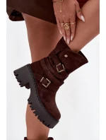 Dámské kotníkové boty na robustním podpatku s přezkami a páskem čokoládové Nerelisa