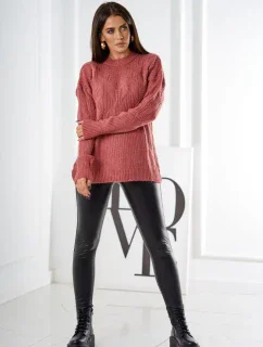 Sveter nasadený cez hlavu s módnou väzbou tmavo ružová
