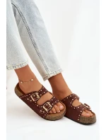 Dámské pantofle s zlatými sponami a knoflíky hnědé Tervina
