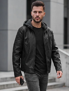 Pánska kožená zateplená bunda s kapucňou, čierna, FashionStreet TX5143