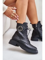 Skórzane Botki Workery Ocieplane Na Zamek Z Ozdobą Czarne Lorevine