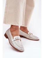 Skórzane Mokasyny Damskie Z Ozdobą Na Płaskim Obcasie S.Barski LR51-594 Srebrne