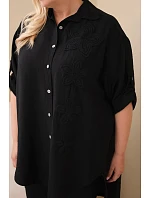 Dámske tričko Plus Size z viskózy s kvetinovou výšivkou čierne
