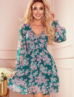 410-2 MONICA šifónové šaty s viazaným výstrihom - RUŽOVÉ KVETY NA ZELENOM PODLAHE