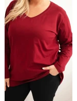 Plus veľkosť dámske V-neck blúzka s dlhými rukávmi bordová
