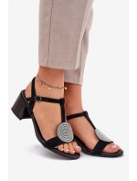 Skórzane Sandały Na Słupku Z Ozdobą D&A JC51-842 Czarne