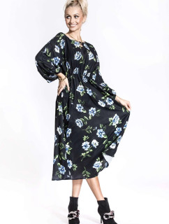 Čierne/svetlomodré dámske kvetinové kimono šaty s okrúhlym výstrihom Ann Gissy (XY202116)