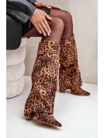 Damskie Kozaki Na Słupku Przed Kolano Panterka Brązowe Portora