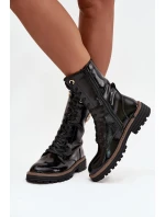 Lakierowane Botki Workery Damskie Ze Złotym Detalem Ocieplane Czarne Dorialine