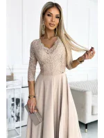 309-10 AMBER čipkované elegantné dlhé šaty s výstrihom a rozparkom na nohách - BEACH