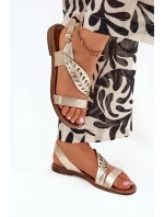 Sandały Damskie Z Naturalnej Skóry Na Płaskim Obcasie Zazoo 3564 Złote