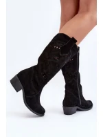 Zazoo 4043 Zamszowe Kozaki Na Niskim Obcasie Ażurowe Czarne