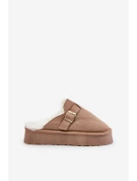 Kapcie Damskie Na Grubej Podeszwie Z Futerkiem I Klamrą Ciemnobeżowe Linneola