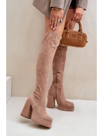 Kozaki Z Cholewką Za Kolano Na Słupku I Platformie Beżowe Nadelian