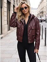 Dámska kožená bunda s kapucňou, bordová, FashionStreet TY5855 Dámska kožená bunda s kapucňou, bordová, FashionStreet TY5855