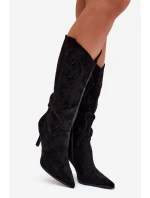 Dámské kozačky na podpatku cowboye z eko semiše černé Belonia