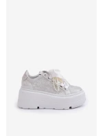 Skórzane Sneakersy Na Platformie CheBello 4658 Srebrne