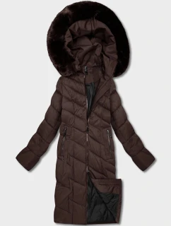 Dámska dlhá bunda s kapucňou v hnedej farbe (7662#-F01)