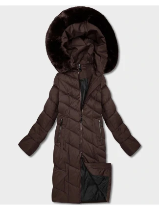 Dámska dlhá bunda s kapucňou v hnedej farbe (7662#-F01)