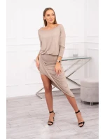 Asymetrické šaty, 3/4 rukávy, tmavo béžové