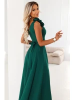 643-1 Elegantné večerné maxi šaty s rozparkom a ružami - fľaškovo zelené
