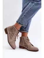 Zazoo 2871 Ażurowe Botki Damskie Sznurowane Beżowe