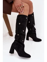 Kozaki Damskie Ocieplane Na Słupku Z Ozdobnymi Detalami Czarne Lucinda