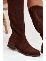 Dámské kozačky s krajkovým vzorem na nízkém podpatku S.Barski HY61-8022 Čokoládové