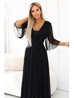 654-5 Dlhé lesklé plus size šaty s výstrihom a priehľadnými rukávmi - čierne
